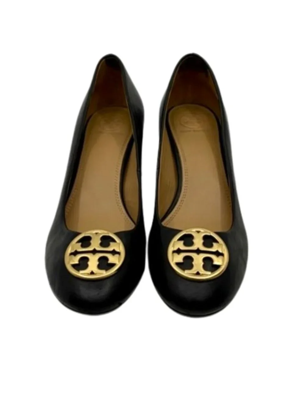 TORY BURCH~Chelsea 50mm Black Napa Leather Block Heel Pumps Gold Logo SZ 8
